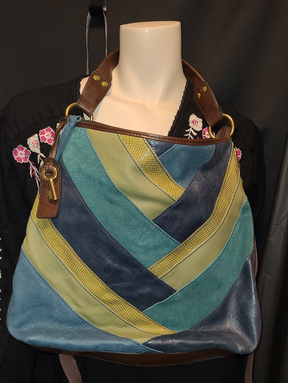 Vintage Fossil patchwork leather and suede shoulder hobo bag in blue and green